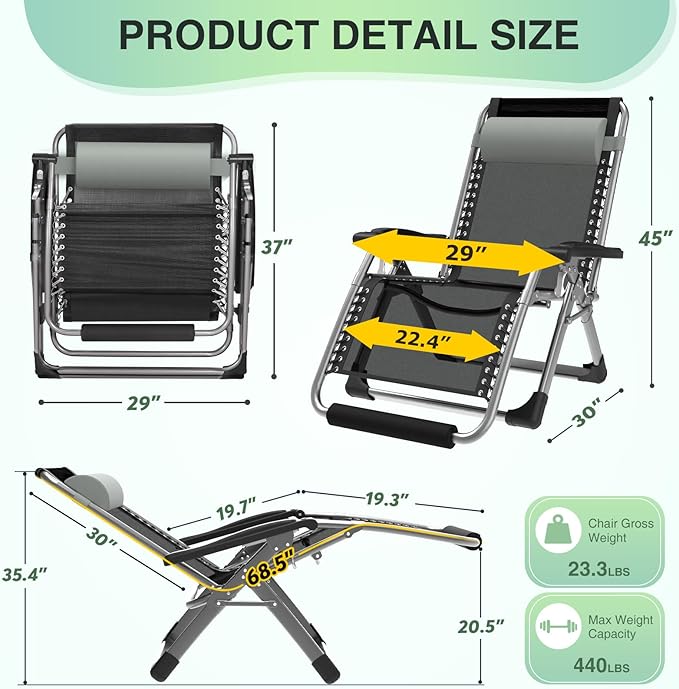 Suteck Oversized Zero Gravity Chair,29In XL Lounge Chair w/Removable Cushion&Headrest, Reclining Camping Chair w/Upgraded Lock and Footrest, Reclining Patio Chairs Recliner for Indoor Outdoor