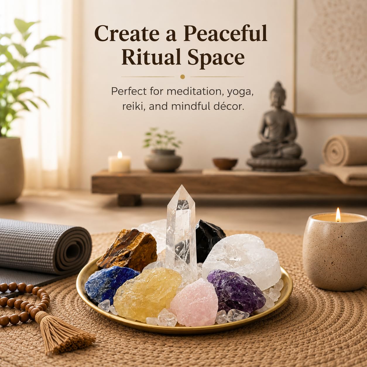 VELNORIX 7 Chakra Healing Crystals Grid Set – Real Stones, Clear Quartz Tower, Amethyst & Tree of Life Altar Tray – Spiritual Meditation & Reiki Decor for Yoga, Positive Energy (Guide Included)