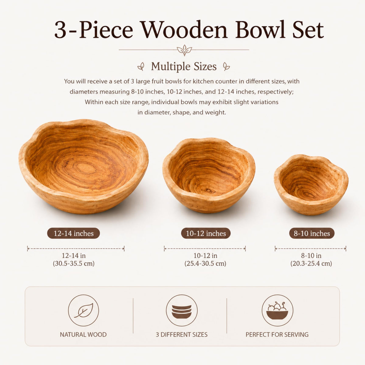 Hushee Set of 3 Wooden Bowls Decorative 8"-14" Handmade Natural Wood Fruit Bowl Creative 3 Sizes Rustic Keys Serving Wood Dish Decor for Entryway Kitchen Counter Bread Salad Snack Dough Candy Dish