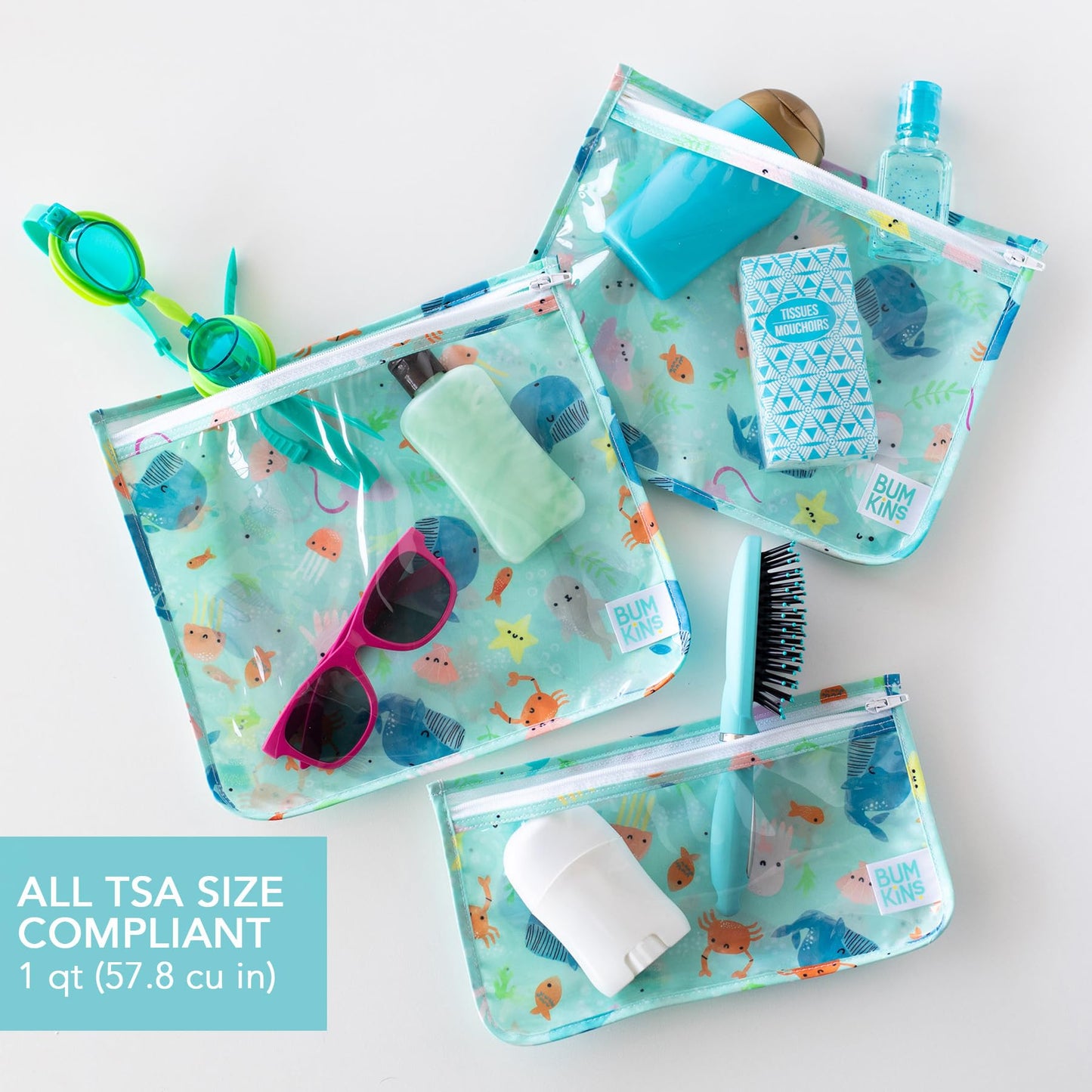 Bumkins TSA Approved Toiletry Bag, Travel Bag, Quart Zip Pouch, Clear Sided, PVC-Free, Vinyl-Free, Set of 3 – Ocean Life