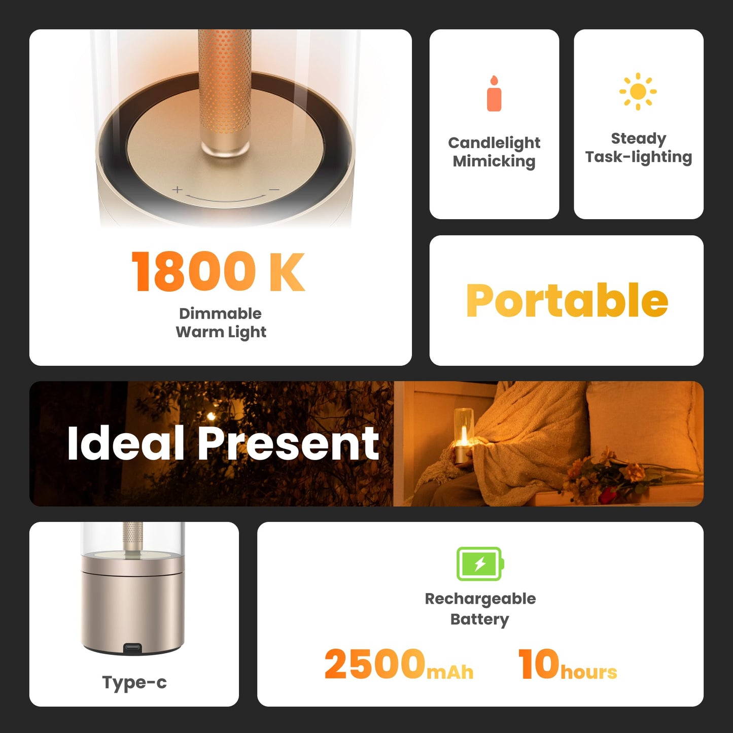 YEELIGHT Cordless Table Lamp, Portable Ambient Lighting, 1800K Warm Amber Light, USB-C Rechargeable, Twist Dimming, Candlelight Breathing Mode, Battery Operated Lamp for Home, Table, Bar, Cafe Decor