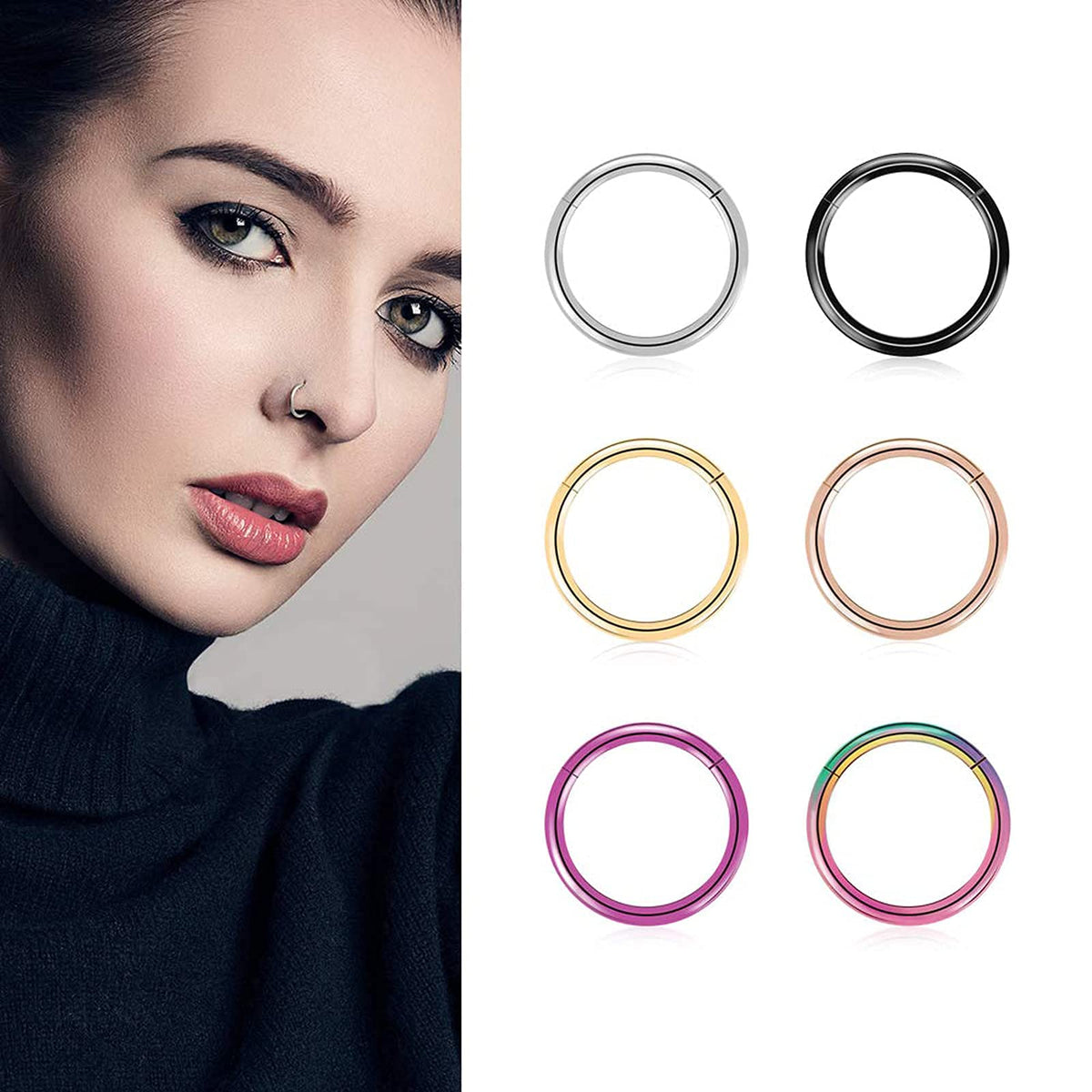BOGKU 6pcs G23 Titanium Hinged Nose Rings Hoop 20 Gauge 9mm Nose Septum Clicker Segment Rings Cartilage Conch Tragus Helix Rook Hoop Earring Body Piercing Jewelry
