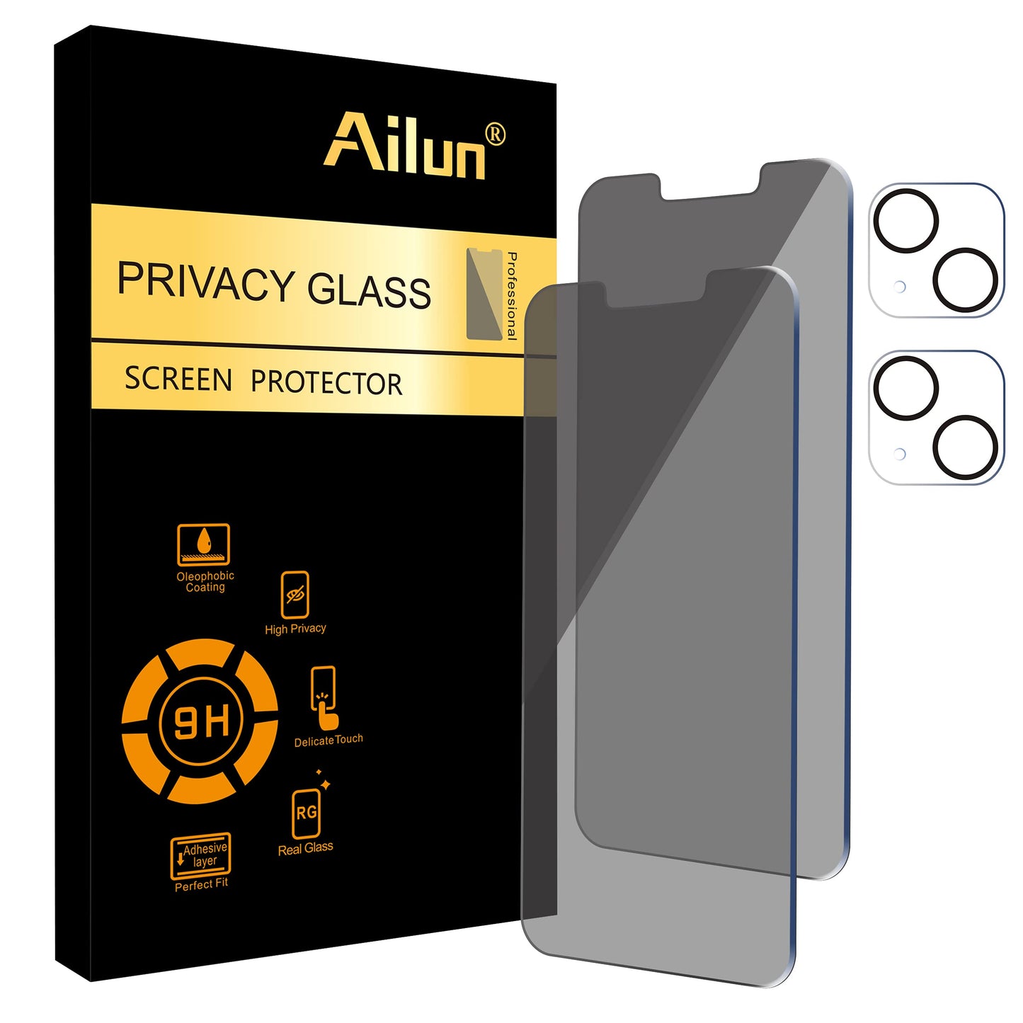 Ailun 2Pack Privacy Screen Protector Compatible for iPhone 14 Pro Max [6.7 inch] + 2 Pack Camera Lens Protector, Anti Spy Private Tempered Glass Film, Case Friendly, [9H Hardness] - HD
