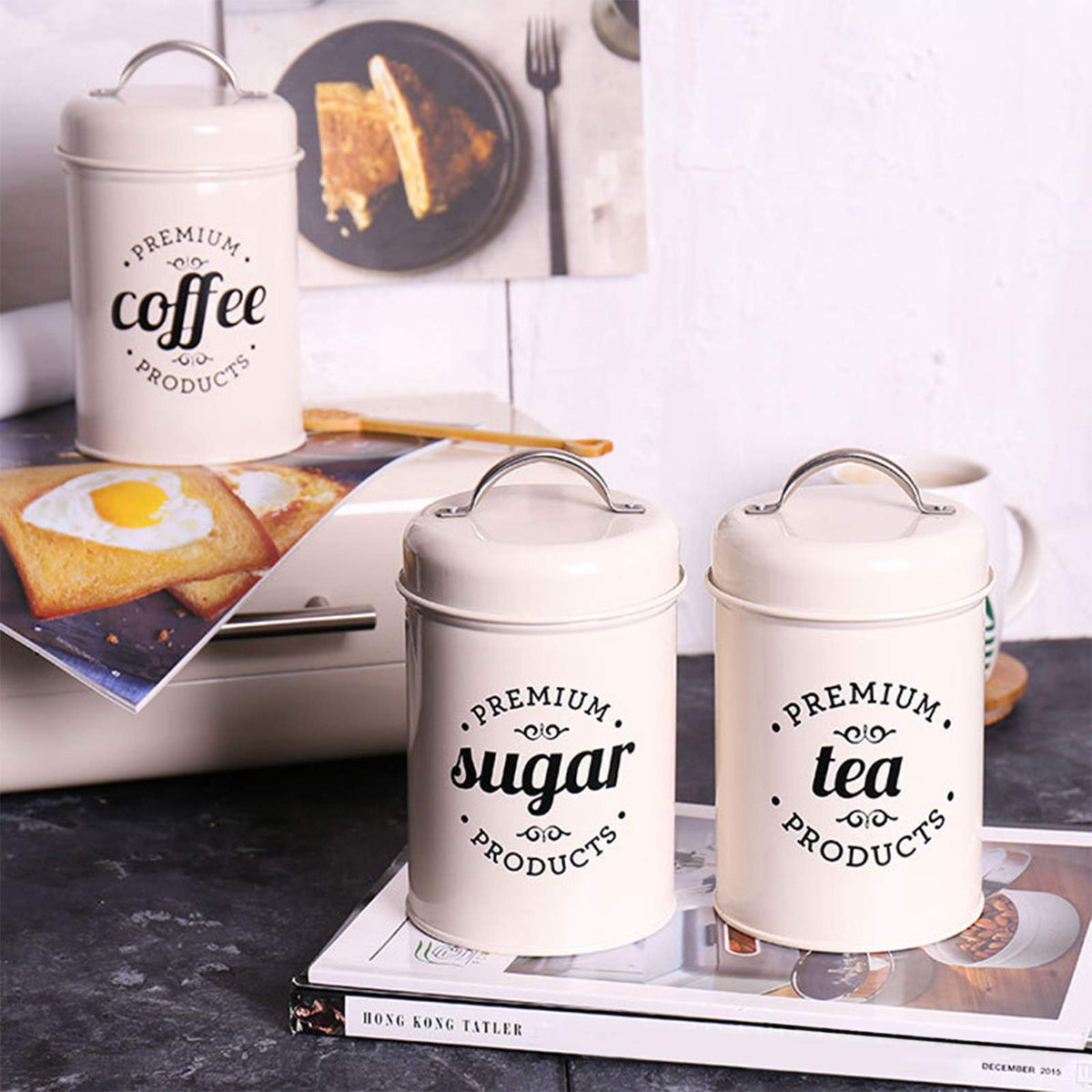 Hedume Set of 3 Airtight Kitchen Canister Decorations with Lids, Coffee, Tea, Sugar Metal Containers, Decorative Nesting Kitchen Canister Jars, Food Storage