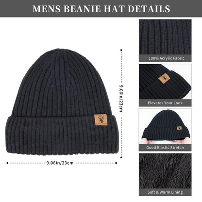 Winter Beanie Hats for Men Long Neck Scarf and Touchscreen Gloves Set with Fleece Lined Skull Caps Gifts for Men Black