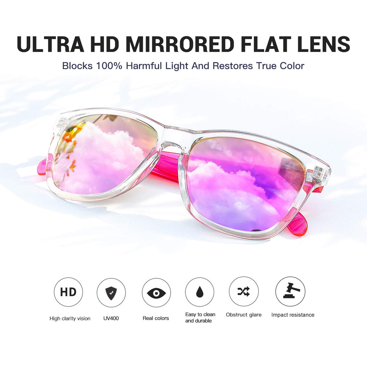 COLOSSEIN Sunglasses Womens,Classic Square Frame UV400 Mirrored Lens, Pink Sunglasses Fit For Beach,Vacation,Driving