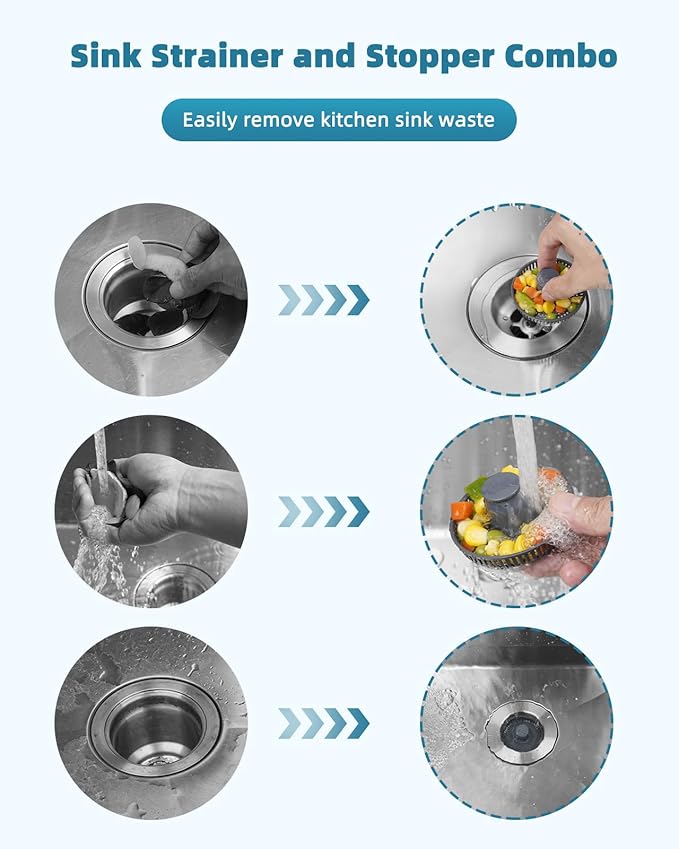 Hygie Rinse Universal Kitchen Sink Stopper Strainer 2PCS 3-in-1#304 Stainless
