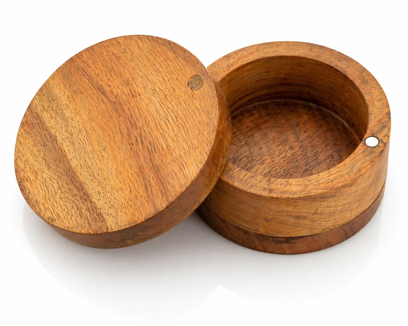 Acacia Wood Salt Cellar & Pepper Bowl With Magnetic Swivel Lid, Spice Storage Box, Wooden Table & Gourmet Salt Jar Keeper For Kitchen Counter, Herb & Seasoning Container Holder, 4 Inch Natural Rustic