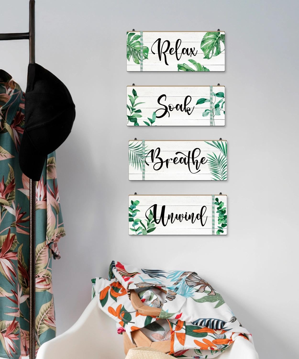 Putuo Decor Bathroom Wall Decors Relax Soak Breathe Unwind Wall Decor Set of 4, Botanical Bathroom Quote Wood Sign Panels, Spa Style Hanging Wall Art for Bathroom, Bedroom, Yoga Room, Apartment