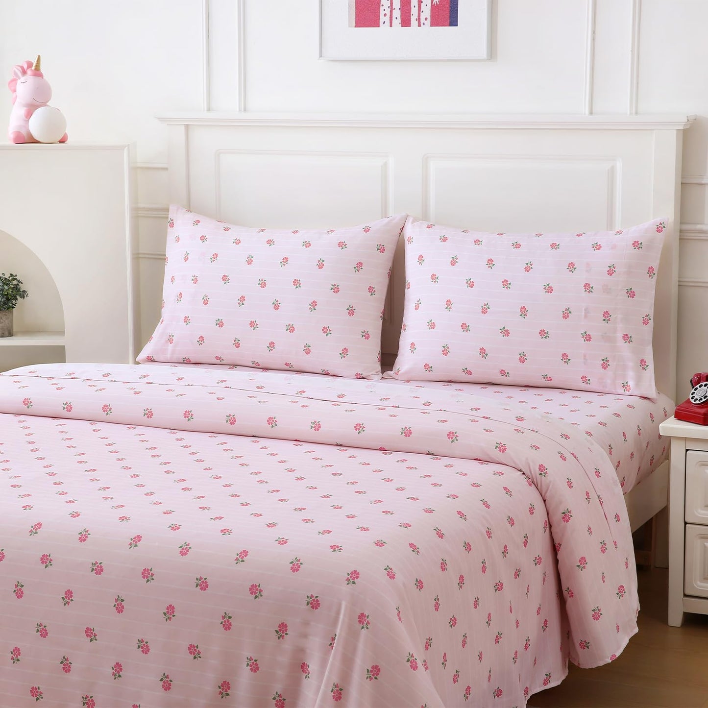 MCO Kids 3 Pieces Striped Twin Sheet Set for Girls, Breathable Bed Sheets with 16" Deep Pocket, Soft Brushed Microfiber Bedding Set (Twin, Pink Flower)