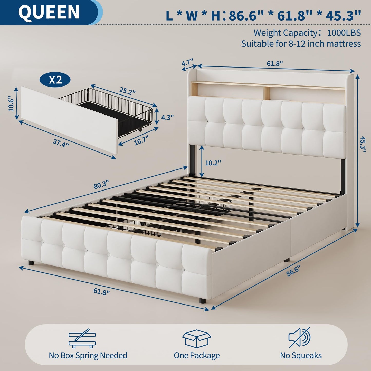 Queen Size Upholstered Bed Frame with LED Headboard, 2 Storage Drawers, Charging Socket and USB Port, Soft Fuzzy Soft, Noise-Free Metal Platform for Bedroom, No Box Spring Needed, Natural Wood Shelf