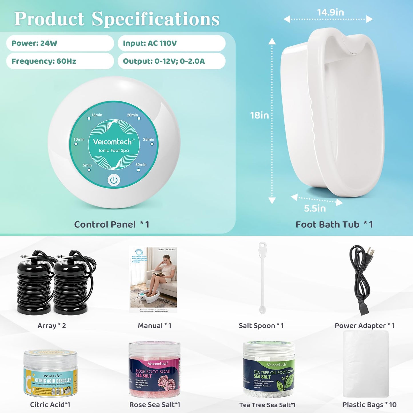 veicomtech Ionic Foot Bath Detox Machine, Detox Foot Bath with Sea Salt and Citric Acid Descaler, Ionic Foot Spa with 2 Arrays and 10 Tub Liners, Foot Detox Machine for Home Use & Salon