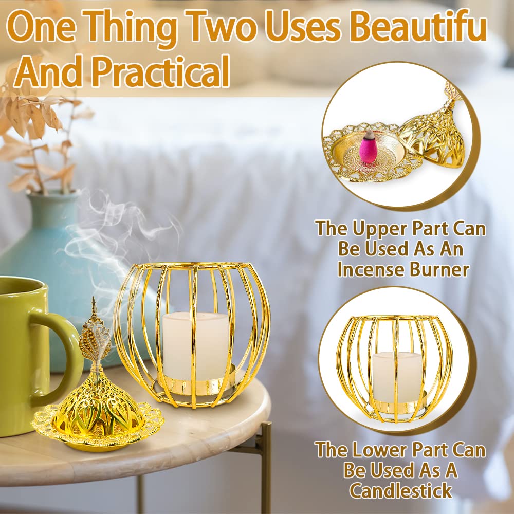 Modixun 2 Functions Metal Incense Censer, Gold Hollow Candle Holders, Premium Incense Burner, Bakhoor Burner for Yoga, Spa & Aromatherapy, Style A