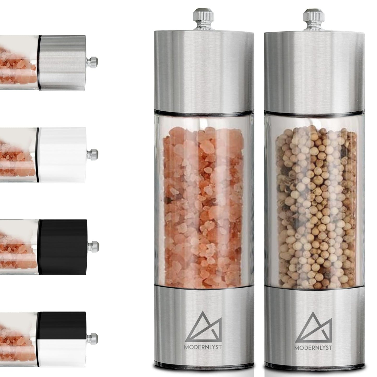 MODERNLYST Salt and Pepper Grinder Set Manual 2 Pack | Large Round Salt and Pepper Shakers Set | 7.5 inch Stainless Steel Salt Grinder Refillable | Manual Pepper Grinder (Stainless Steel)