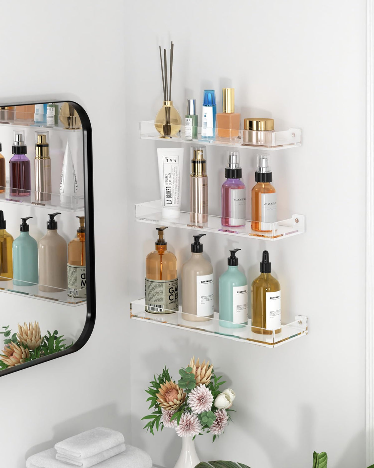 MaxGear Acrylic Clear Floating Shelves with Edge, Wall Mounted Hanging Bookshelves, Decorative Display Wall Shelves Storage Organizer for Bathroom, Bedroom, Kitchen, Easy Installation, Set of 3