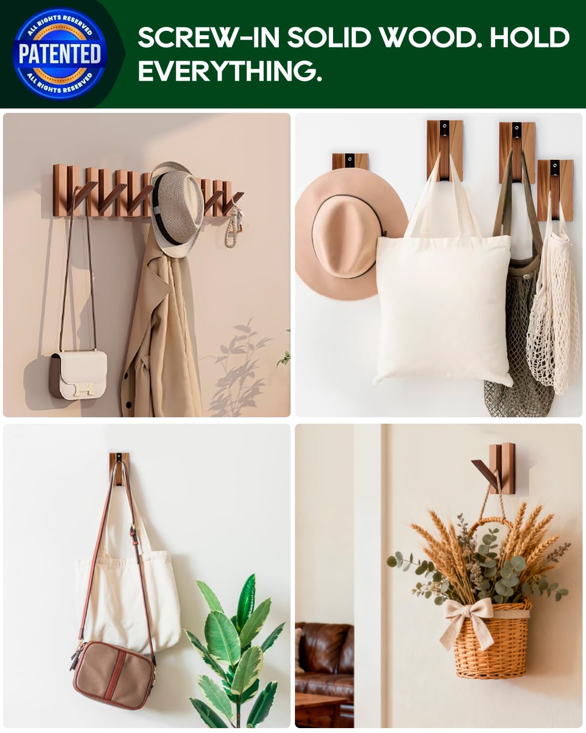 NHWNHW Wooden Hooks for Wall, Folding Wall Hooks, Decorative Coat Hooks Wall Mount for Coats, Hats, Bags, Towels, Saving Rustic Design for Functional Aesthetic Home (4)