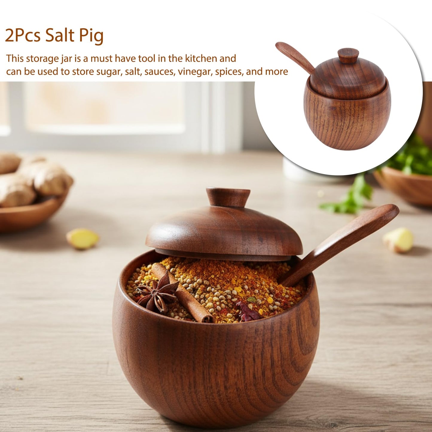 Jwthee Salt Pig, Salt Box Salt Cellar Salt Container Wood Salt Cellar with Lid and Spoon Wood Spice Jar Sugar Bowl Seasonings Storage Container for Kitchen