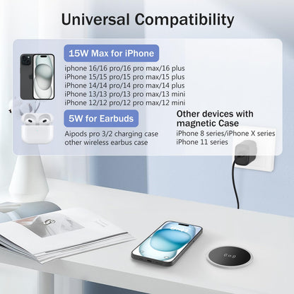 Wireless Magnetic Charger Desk Mount 15W Fast Charger for iPhone 17 16 Pro Max 15 14 13 12 Series,Magnet Qi Charging Pad/Station for AirPods,Recessed Hidden Under Desktop Hole Save Nightstand Space