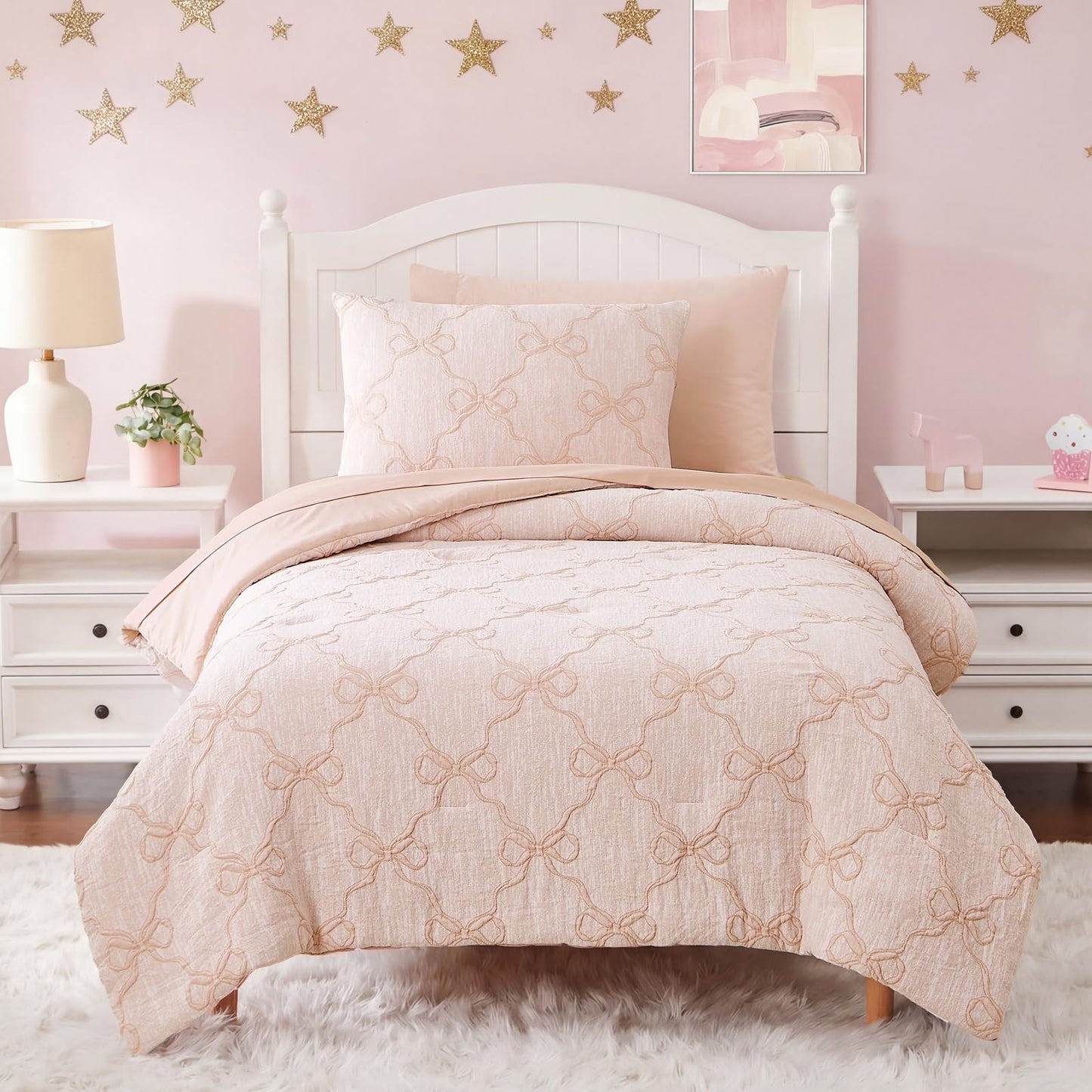 Wink Deer Twin Comforter Set with Sheets for Girls-5 Pieces Twin Bedding Sets with Orange Pink Comforter, Sheets, Pillowcase & Sham for Kids (Orange Pink Diamond, 66" X 86")