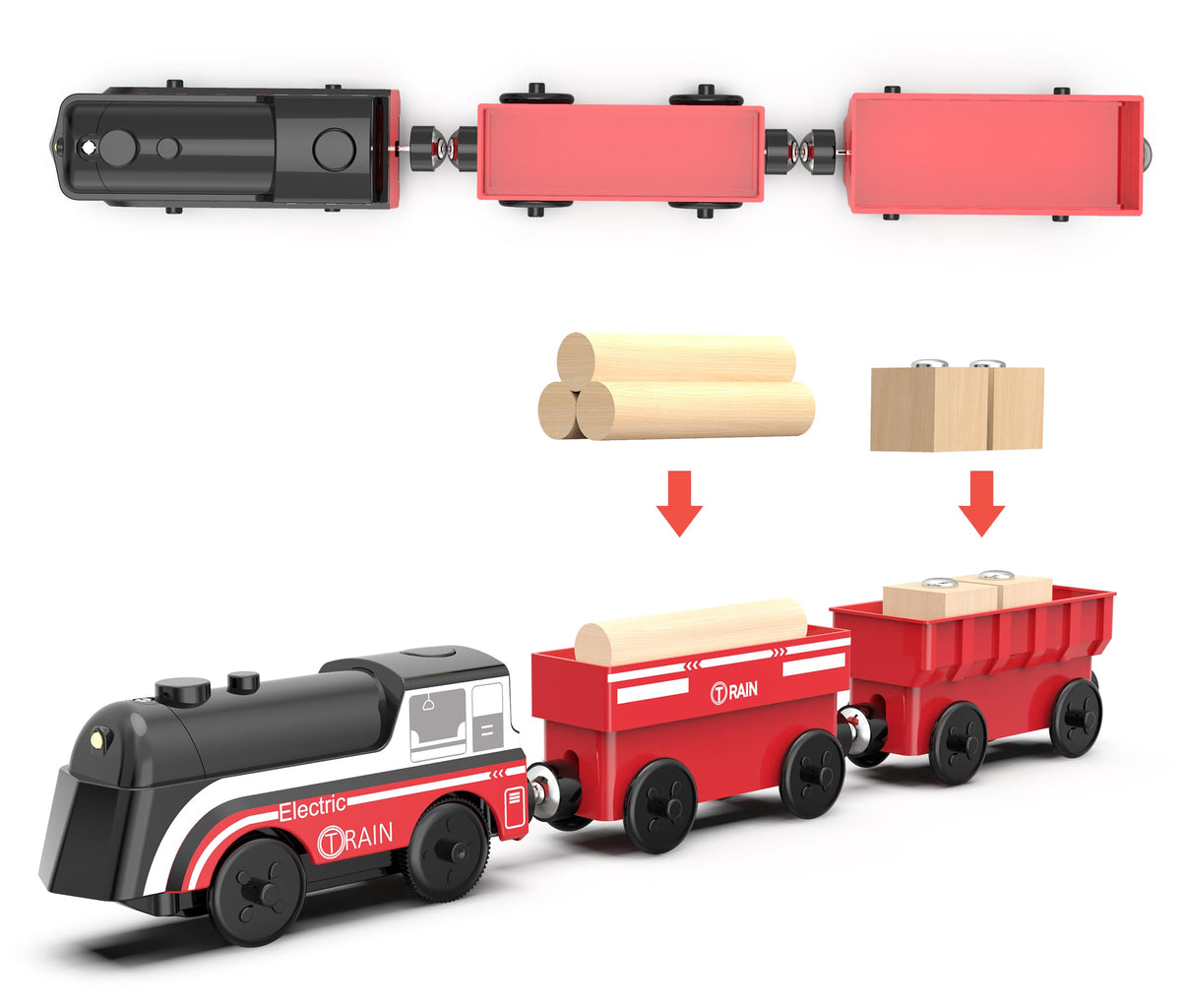 Battery Operated Train for Wooden Track, Motorized Train for Toddlers 3+ Years Old, 3Pcs Trains Toy Set Electric Trains Compatible with Thomas, Brio, Chuggington, Melissa and Doug
