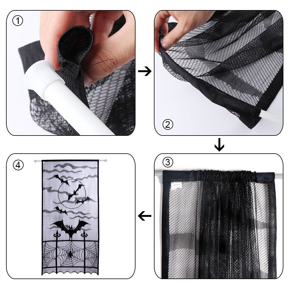 AerWo Halloween Curtains, 2PCS Spider Web Bats Curtains, Black Lace Door Curtain Panel Decor for Halloween Window Decorations, 40 x 84 Inch