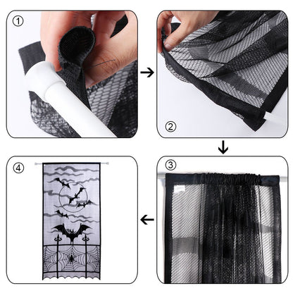 AerWo Halloween Curtains, 2PCS Spider Web Bats Curtains, Black Lace Door Curtain Panel Decor for Halloween Window Decorations, 40 x 84 Inch