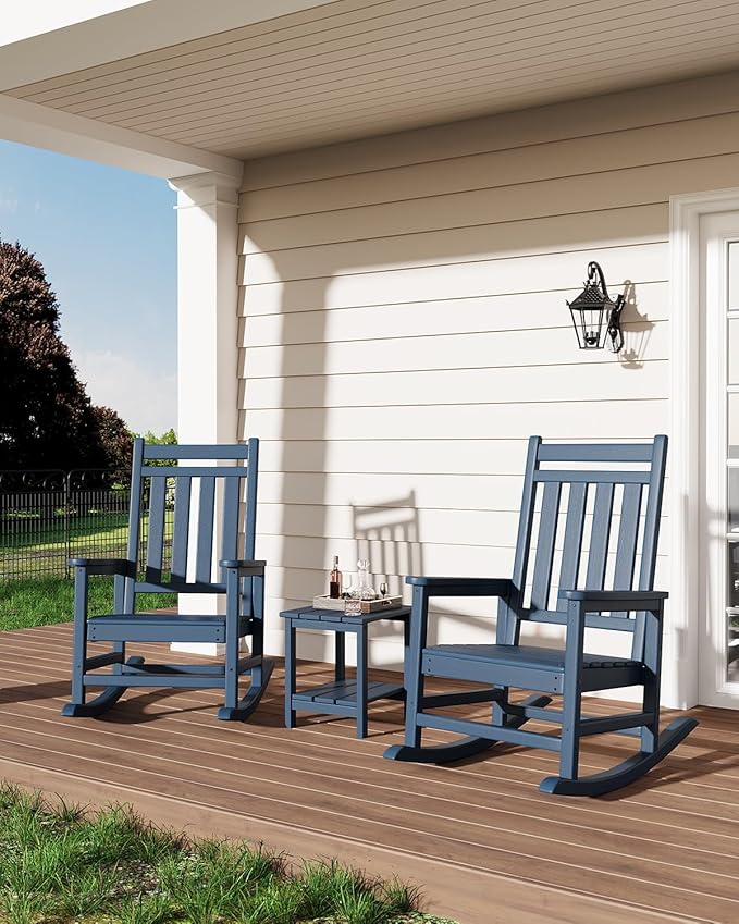 GarveeLife Poly Lumber Rocking Chair Outdoor - HDPE High Back Porch Rocker Chairs for Adults - All Weather Resistant Furniture for Patio - Navy Blue