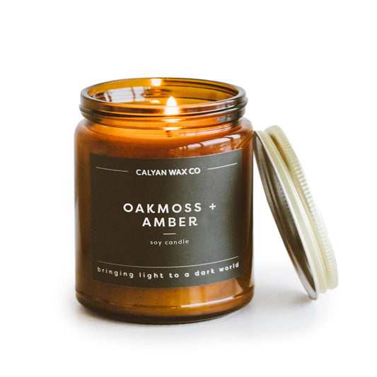 Calyan Wax Co. Oakmoss & Amber Scented Candle - 57 Hour Burn - Luxury Clean Soy Wax Candles - Long Lasting Amber Glass Jar Candle for Home - 7.2oz