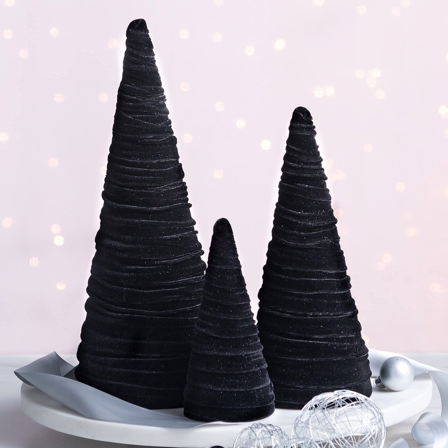 Your Heart's Content Black Velvet Trees Set of 3, Handcrafted Mantel Decor, Christmas Tree Tablescape, Holiday Table Centerpiece, Minimalist Shelf Sitter, Elegant Gift for (Black)