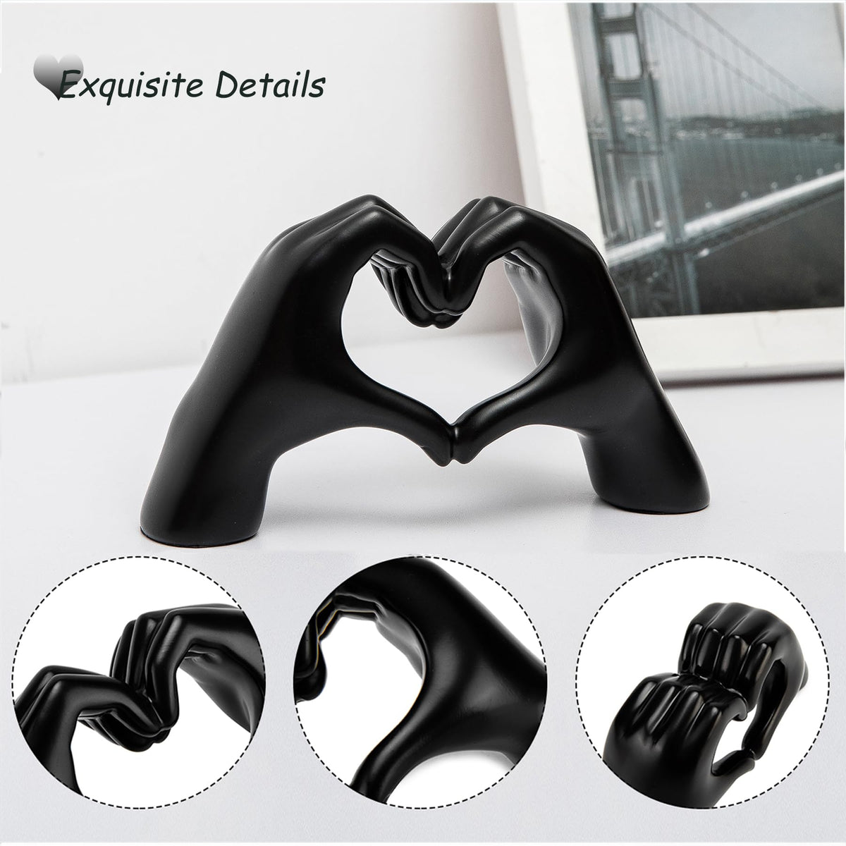 FANTESTICRYAN Small Heart Hands Statues Hand Love Sculpture Cute Decorative Home Decor Ornaments for Living Room, Wedding, Office Desktop, Cabinets, Bookshelf, Gift for Mom (Small Black)