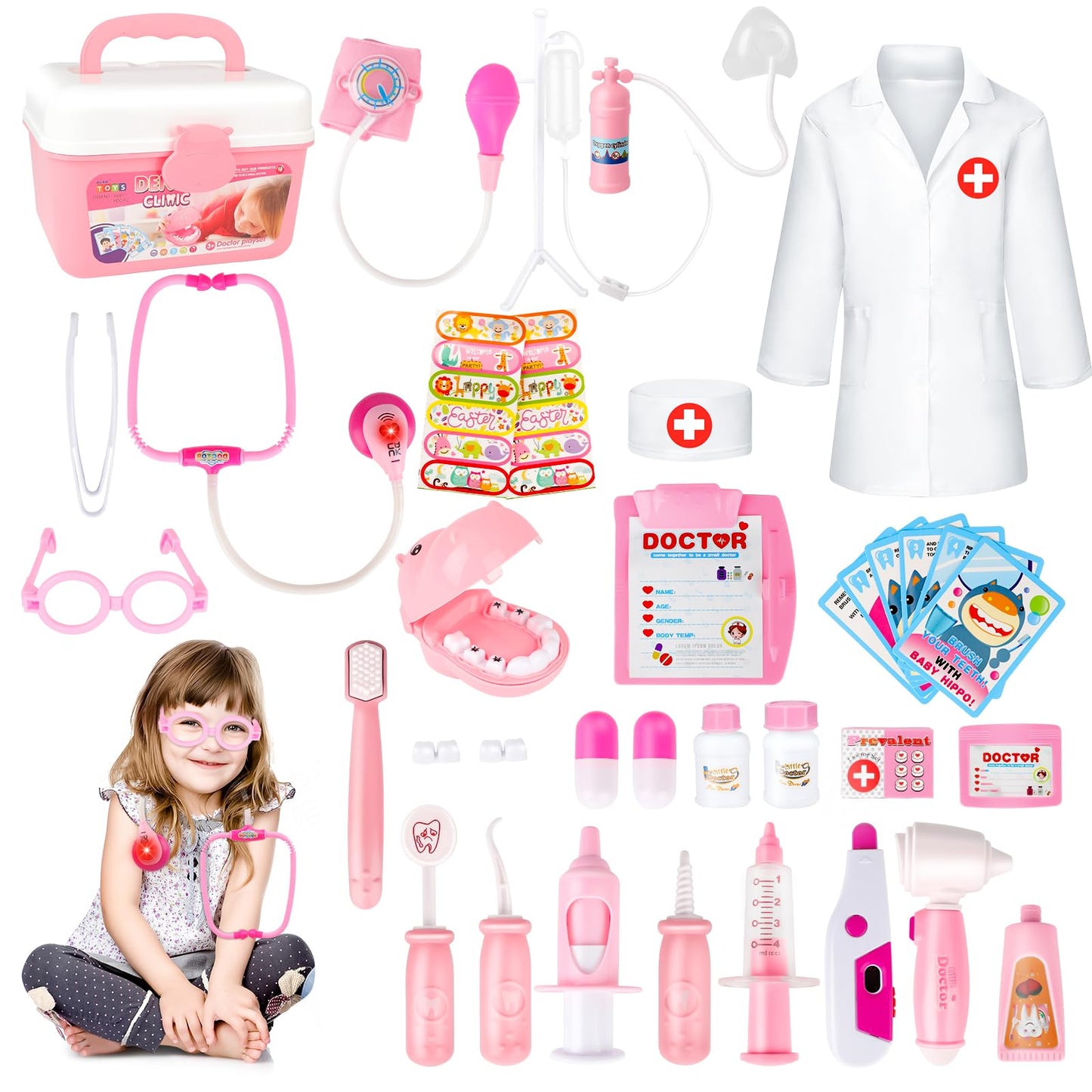 Doctors Set for Kids, 34-Piece Dentist Toys for Boys and Girls, Role Play Toys for 3+ Year Old with Carry Case, Stethoscope for Toddle, Dentist Tools, (include Doctor Costume)