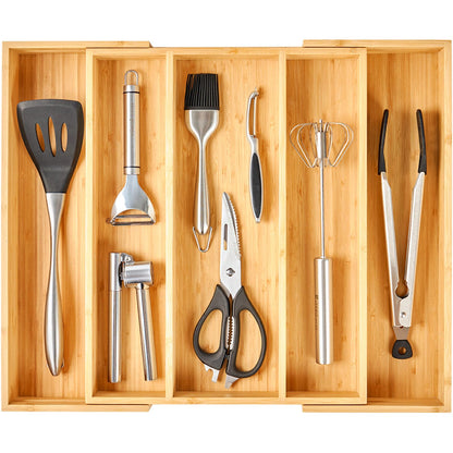 Umilife Expandable Kitchen Drawer Organizer, 2.5" High Bamboo Utensils Silverware Tray, Adjustable Large Deep Wood Organization Holder
