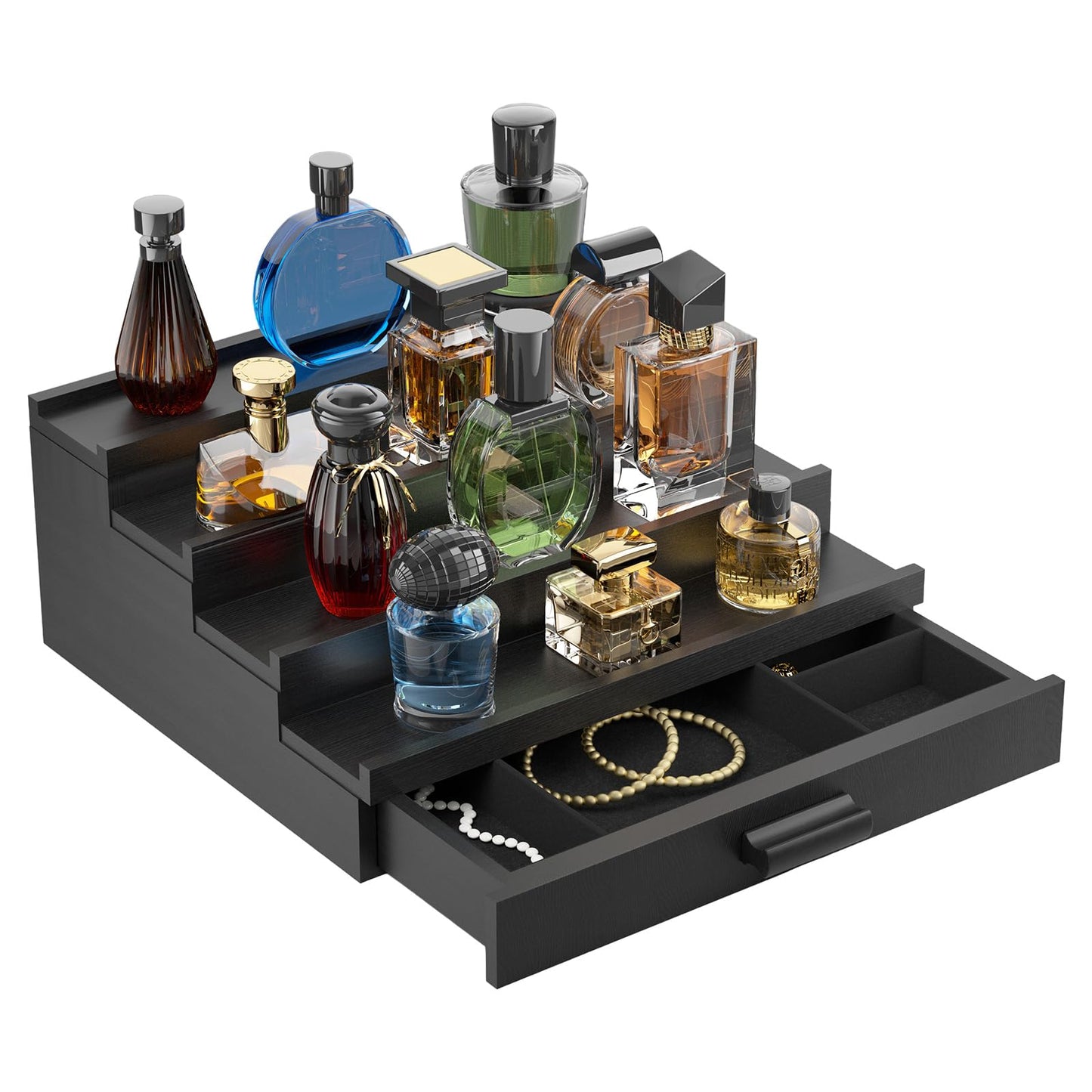 TIRYIUOU Perfume Cologne Organizer for Men: 4 Tier Wooden Perfumes Stand, Desktop Parfum Holder Wood Display Shelf with Cabinet, Bedroom Dresser Makeup Lotion Jewelry Storage Rack with Drawer
