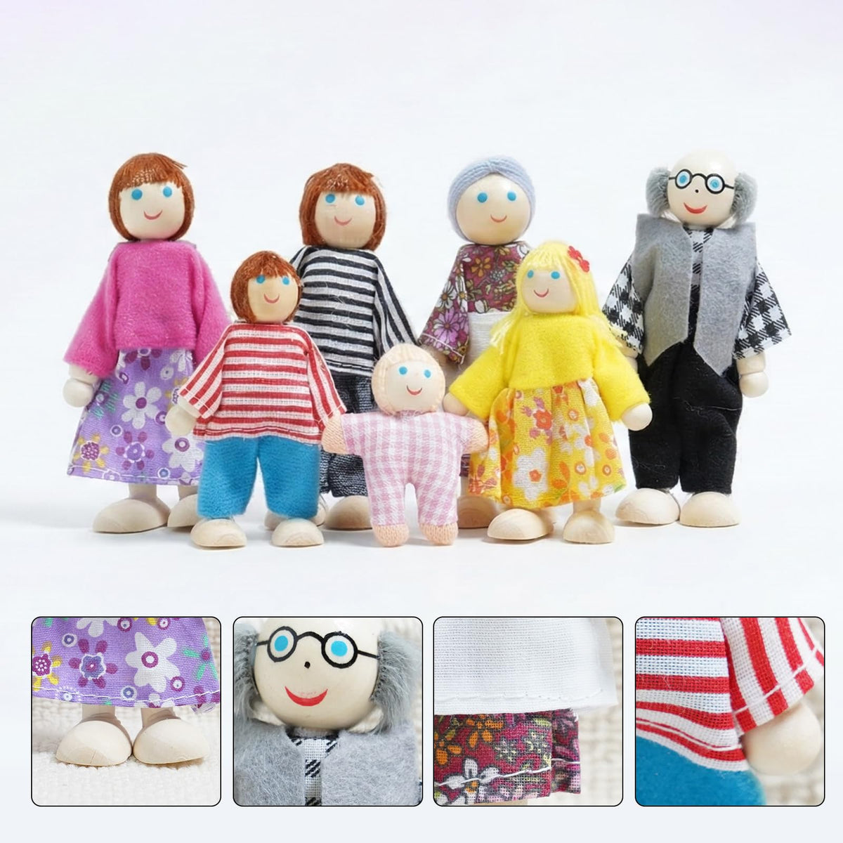 Sing2sky 7PCS Wooden Dollhouse Dolls for Playing House Gifts for Children, Wood, Articulated Pretend Play Figures, Smooth Splinter-Free Wood, Montessori Family Set - 4.5In (Classic)