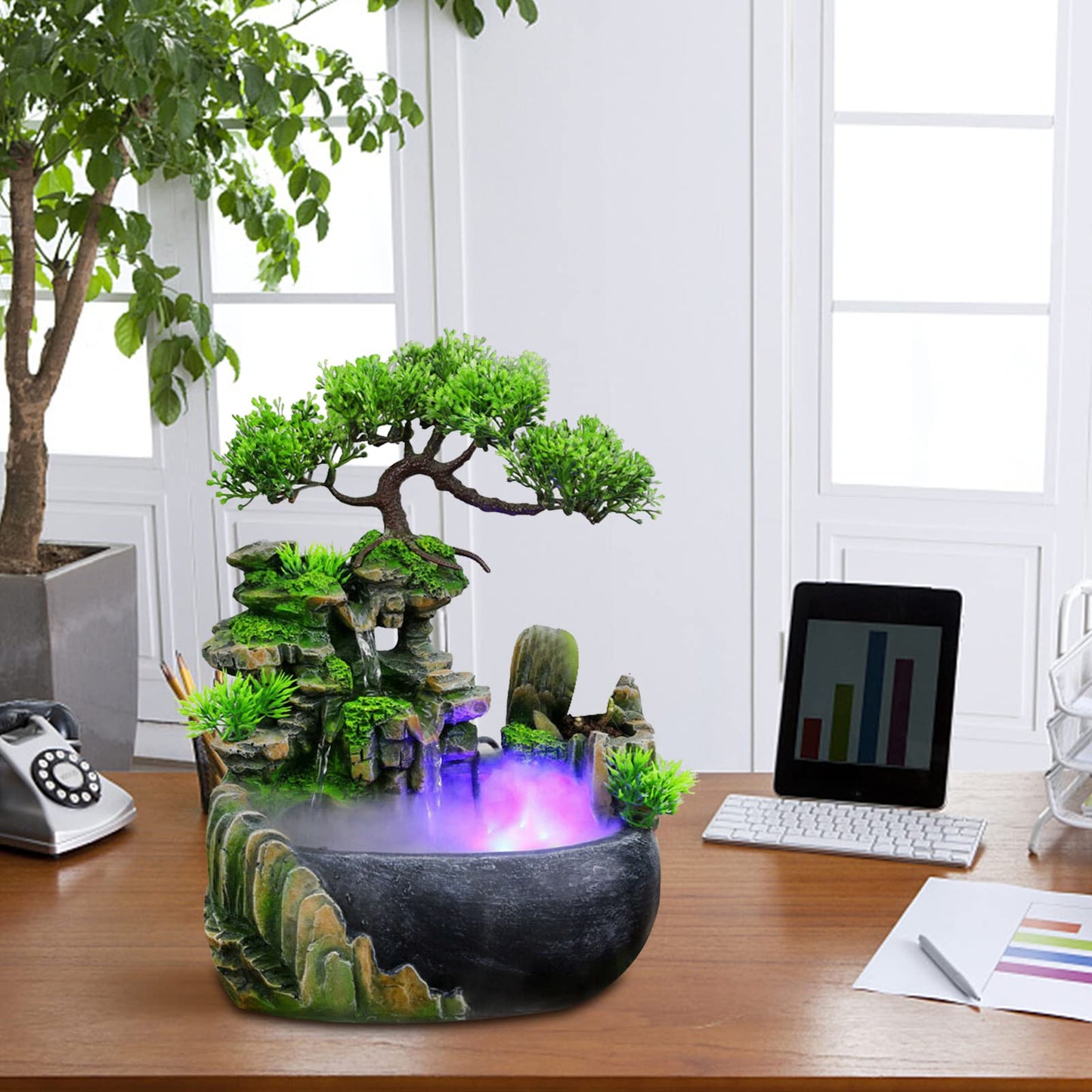 Desktop Fountain Waterfall with Light Rockery Fountain Zen Meditation Plants Stones LED Lamp Indoor Feature with Automatic Pump Relaxation Resin Planter for Office Decoration