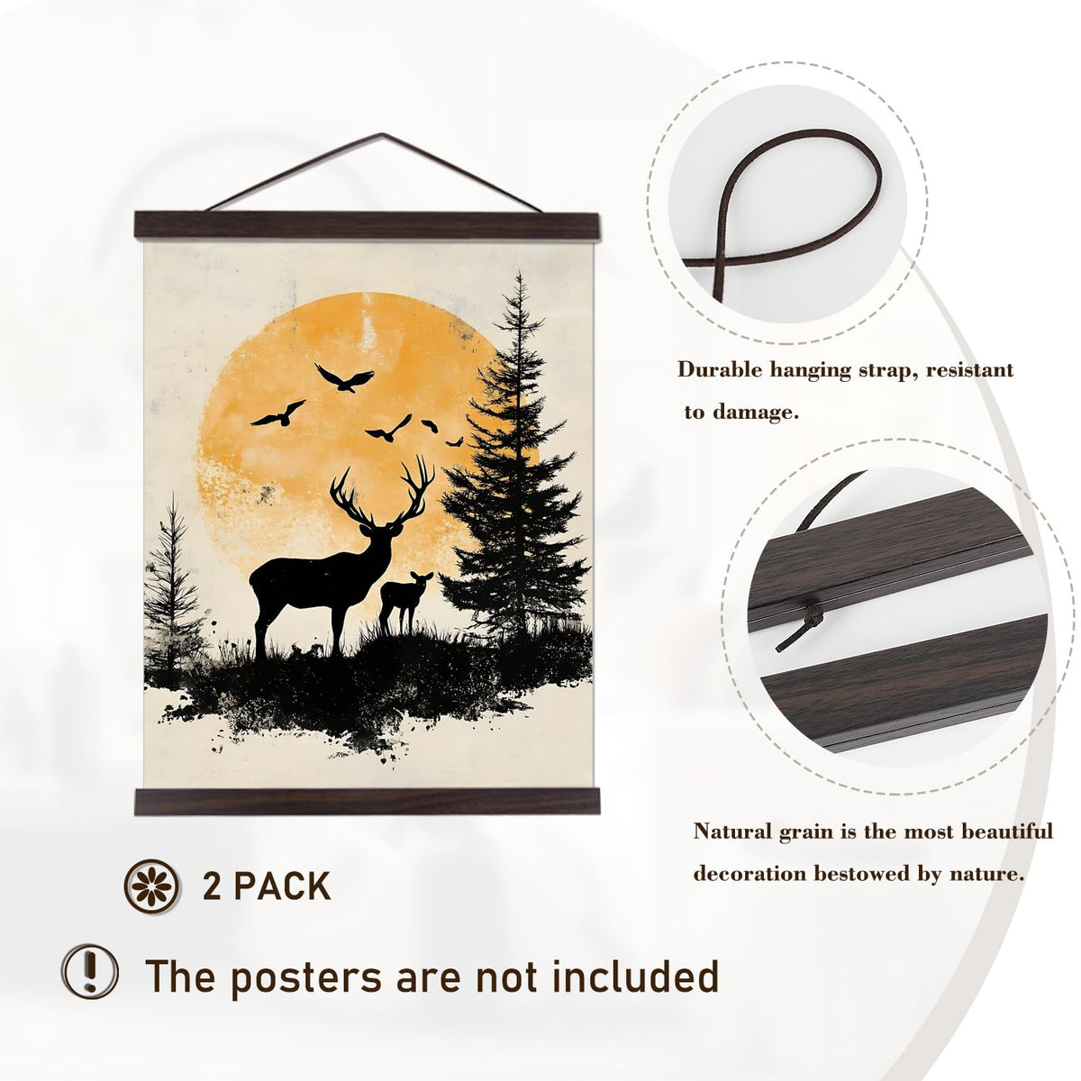 2 Pack Magnetic Poster Hanger Frame, 20x28 20x30 20x26 Light Wood Wooden Magnet Canvas Artwork Print Dowel Poster Hangers Frames Hanging Kit (Walnut, 20", 2 Packs)