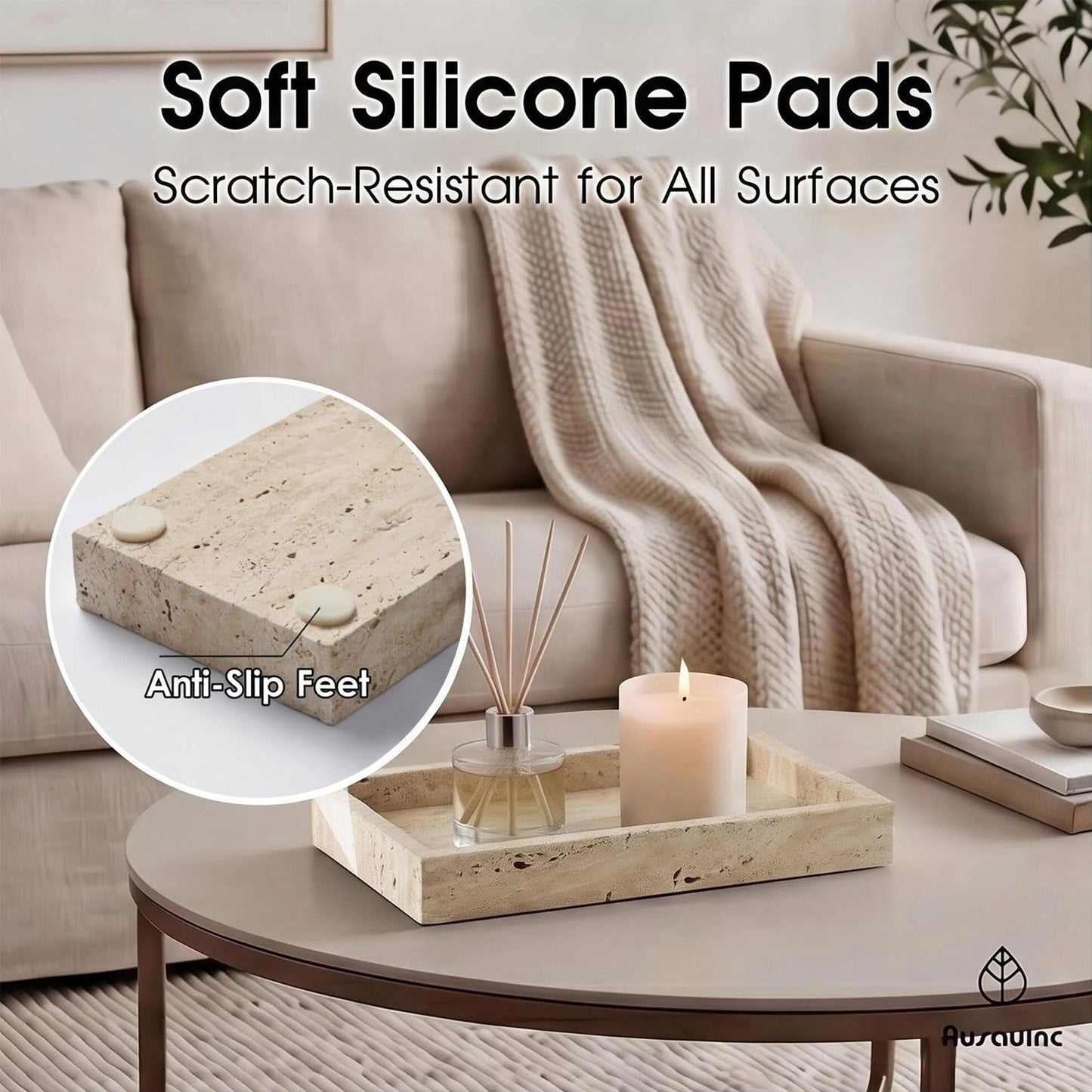 AUSAULAC Natural Travertine Tray Heavyweight Stone Vanity Tray for Bathroom Countertop, Coffee Table & Dresser - Handcrafted Rectangular Organizer(Beige Travertine, 9.84" x 4.72" x 1.18")