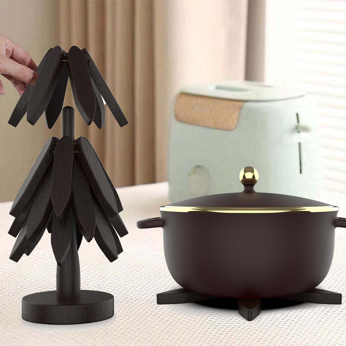 Wooden Trivets for Hot Dishes,Tree Shape Trivet Set, 4 Wooden Trivets+1 Stand, Natural FoldableKitchen Wooden Trivet for Hot Dishes、Pot、Bowl、Teapot、Hot Pot Holders (Black)