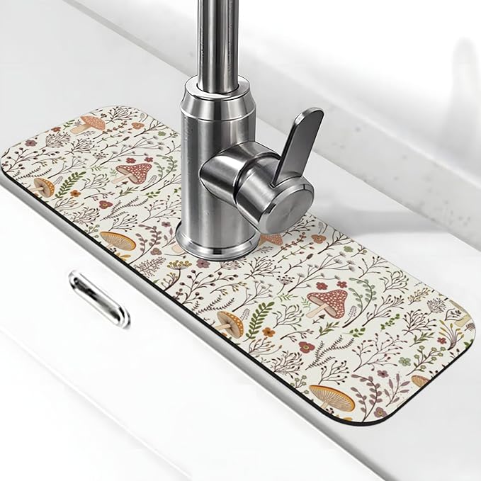 Cute Mushroom Wild Plant Kitchen Sink Splash Guard Faucet Mat 1 Pcs, Absorbent