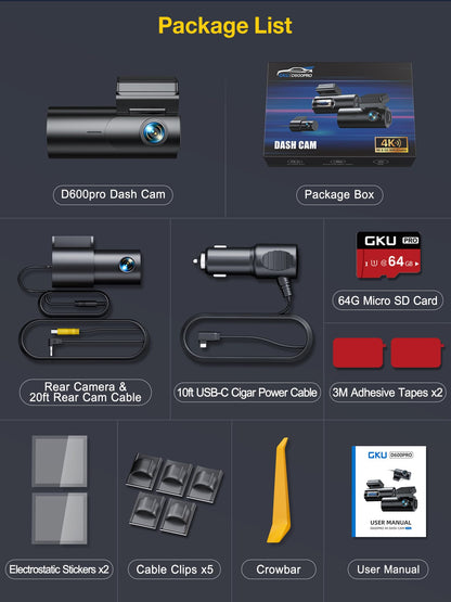 GKU 4K Dash Cam Front and Rear, 5GHz WiFi GPS, Dual Car Camera, 1.5” IPS Mini Dashcam for Cars with 64GB SD Card, 24H Parking Mode, Night Vision, WDR, 170° Wide Angle, G-Sensor, App Control, Max 256GB