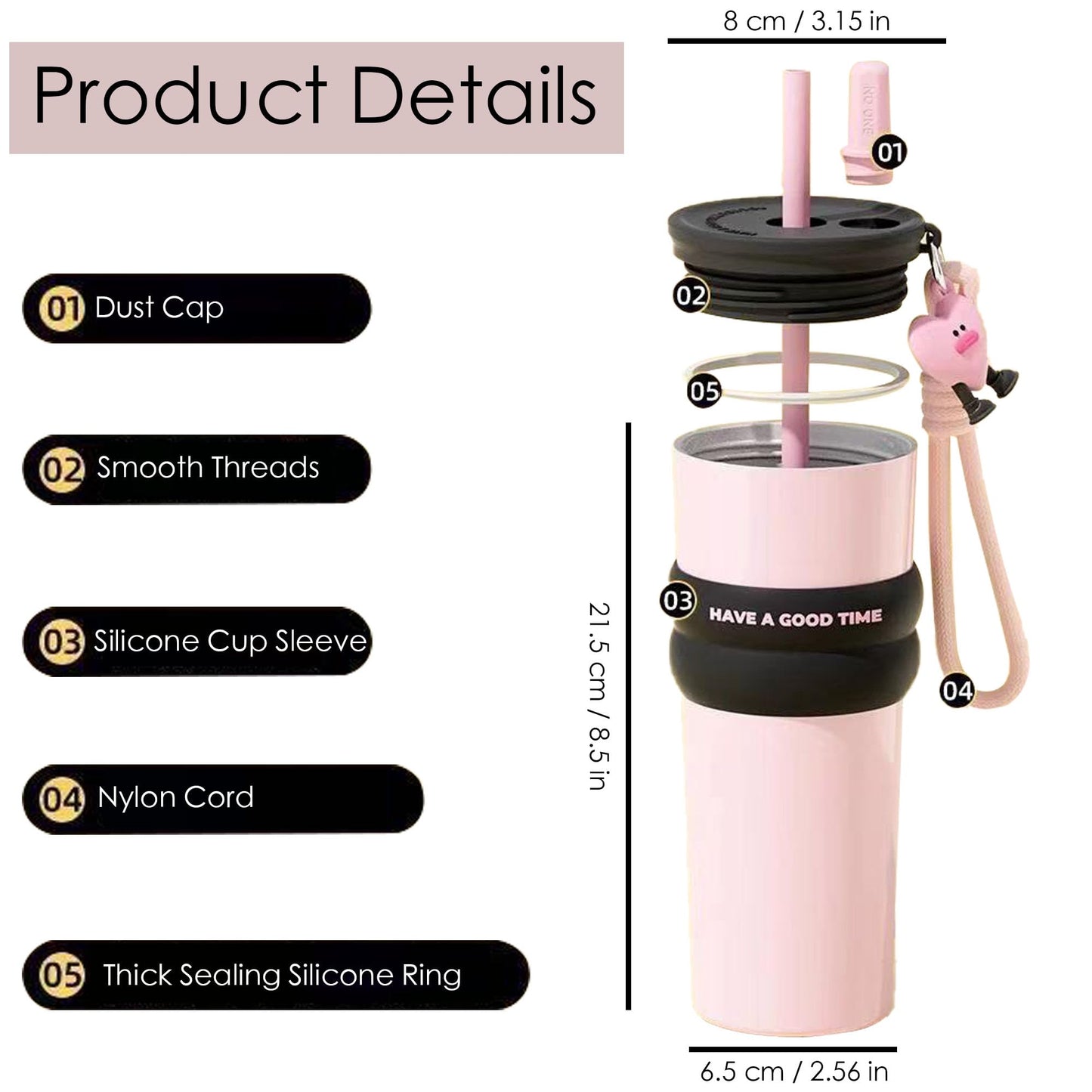 Disoza 21 OZ Black & Rosa Insulated Upgraded Cover Vacuum Stainless Steel Tumbler With Lid Water Bottle Spill Proof Cup for Hot and Cold Drink and Straw Leak Proof Travel Mug Christmas Gifts For Women