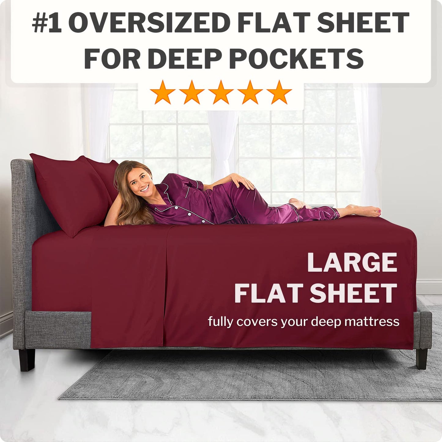 Deep Pocket King Size Sheets – 21” Extra Deep Pocket King Size Sheets – [4 Piece Set] King Bed Sheets Oversize Flat Sheet, Fitted Sheet, 2 Zippered Pillowcases 18”–23” Deep King Sheets – Burgundy