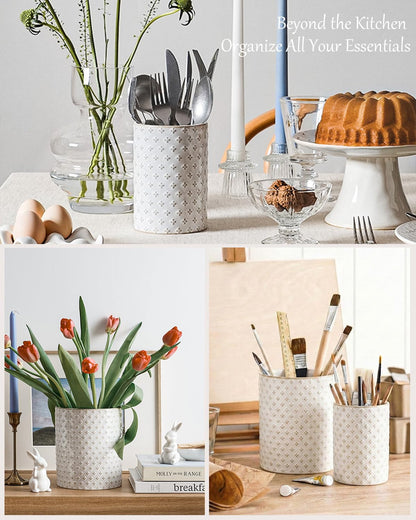 LE TAUCI Utensil Holder for Kitchen Counter - 7.1"+5.4" Ceramic Kitchen Utensil Holder Set of 2, Large Cooking Utensil Crock & Organizer for Spatula, Spoon - Embossed Kitchen Decor, White,Clover