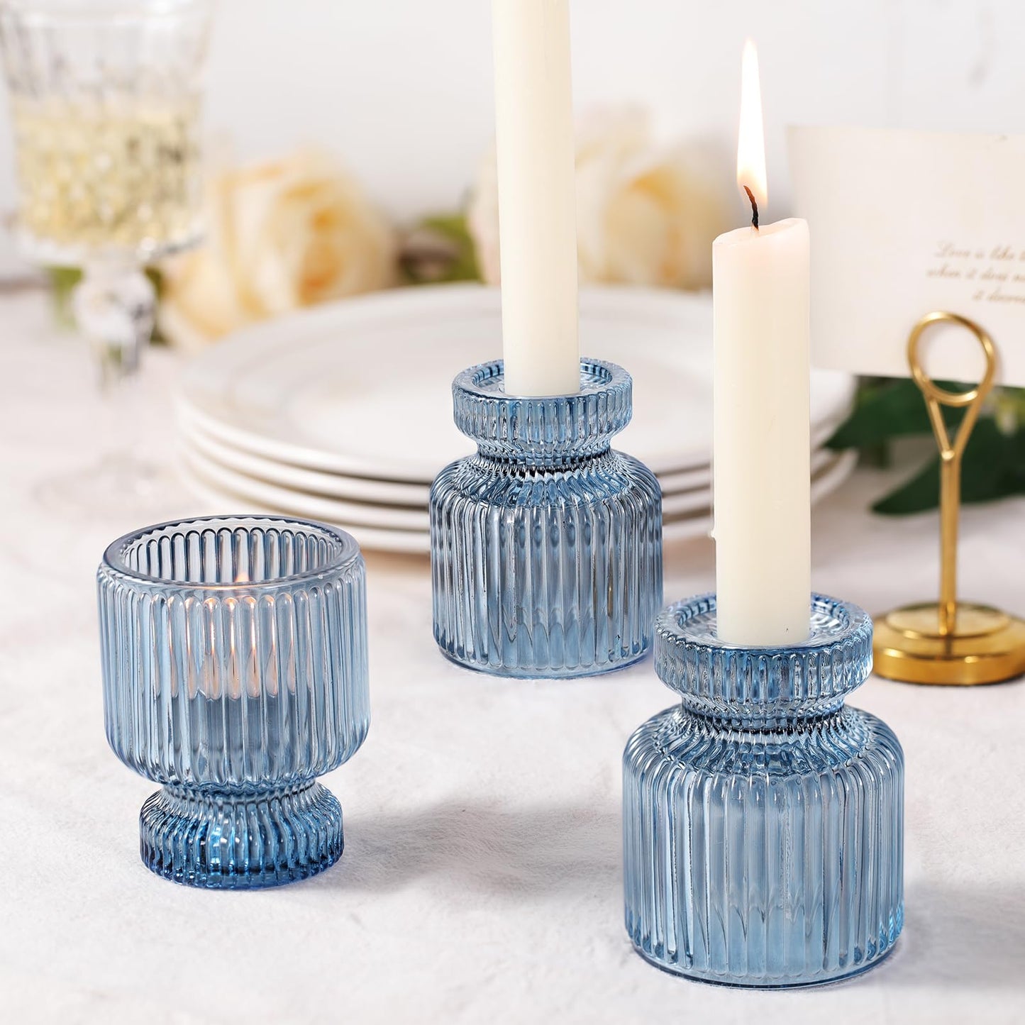 DARJEN 6 Pcs Blue Glass Candlestick Holders with Vertical Stripes - Irregular Shaped, Dual-Use for Taper Candles & Votive/Tea Lights, Candle Holders for Dining Table, Wedding, Party, Home, Gifts