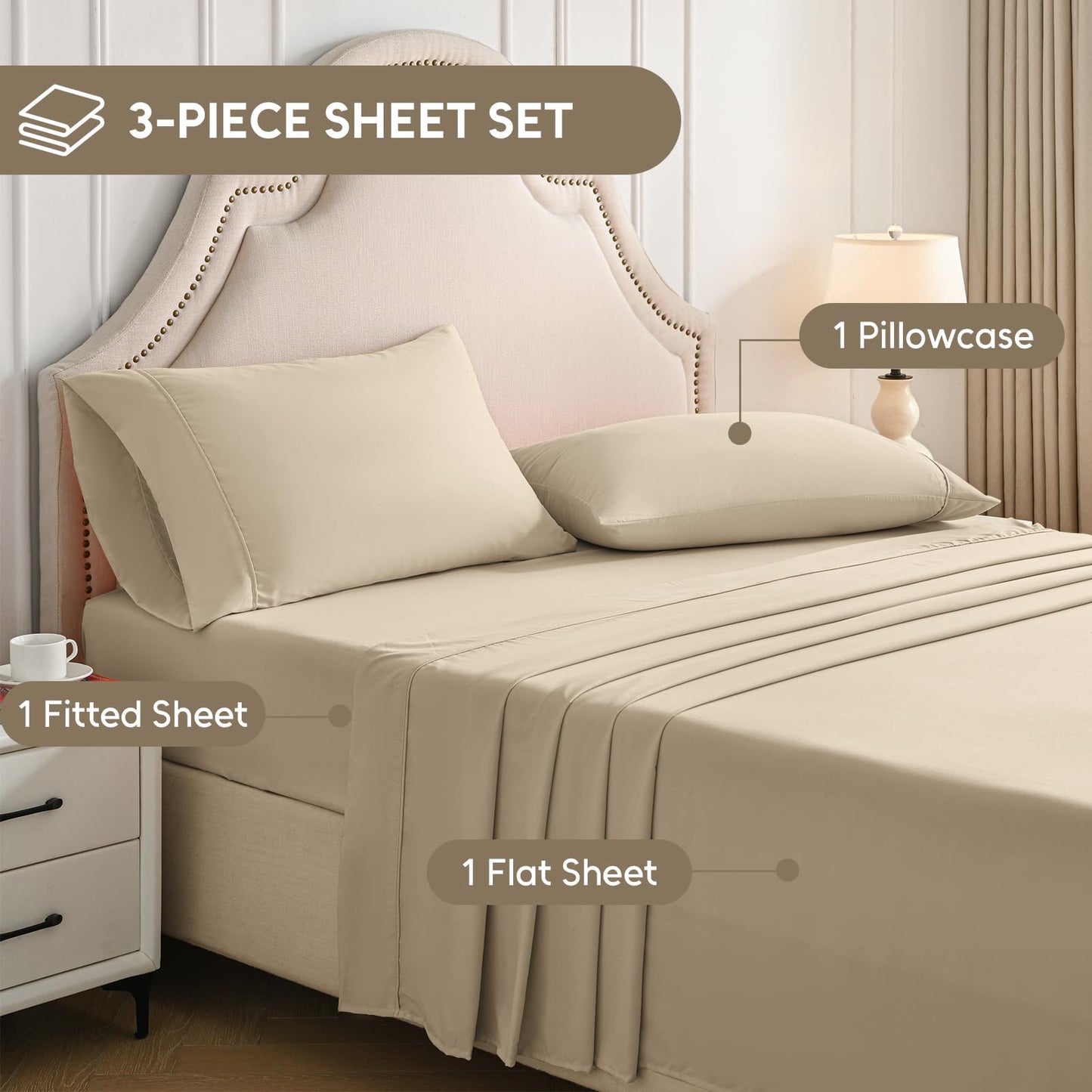 Swiftify Twin Sheets Set, 3 Pieces Hotel Luxury Soft Microfiber Bed Sheets Set, Up to 16" Deep Pockets, Oeko-Tex Sheets with Elastic, Breathable, Wrinkle Free (Beige, Twin)