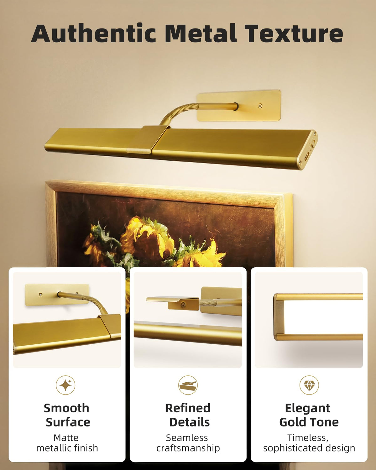EZVALO Picture Light for Wall, 4800mAh Rechargeable Wireless Remote, 16in Dimmable Magnetic LED Art Display Light with 3 Color Temperatures, for Gallery, Living Room, Bedroom, Hallway (Gold)