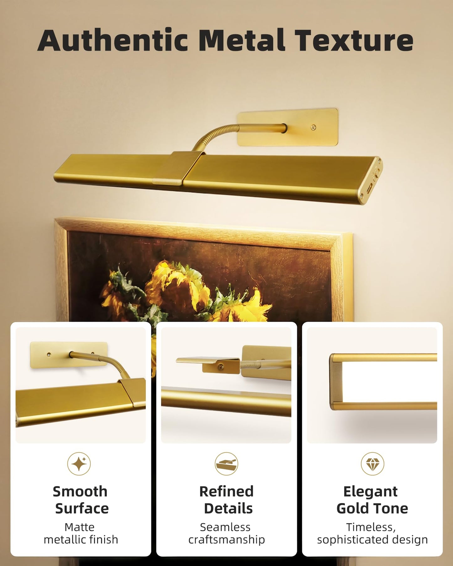 EZVALO Picture Light for Wall, 4800mAh Rechargeable Wireless Remote, Dimmable Magnetic LED Art Display Light with 3 Color Temperatures, for Gallery, Living Room, Bedroom, Hallway (Gold-2Pack)