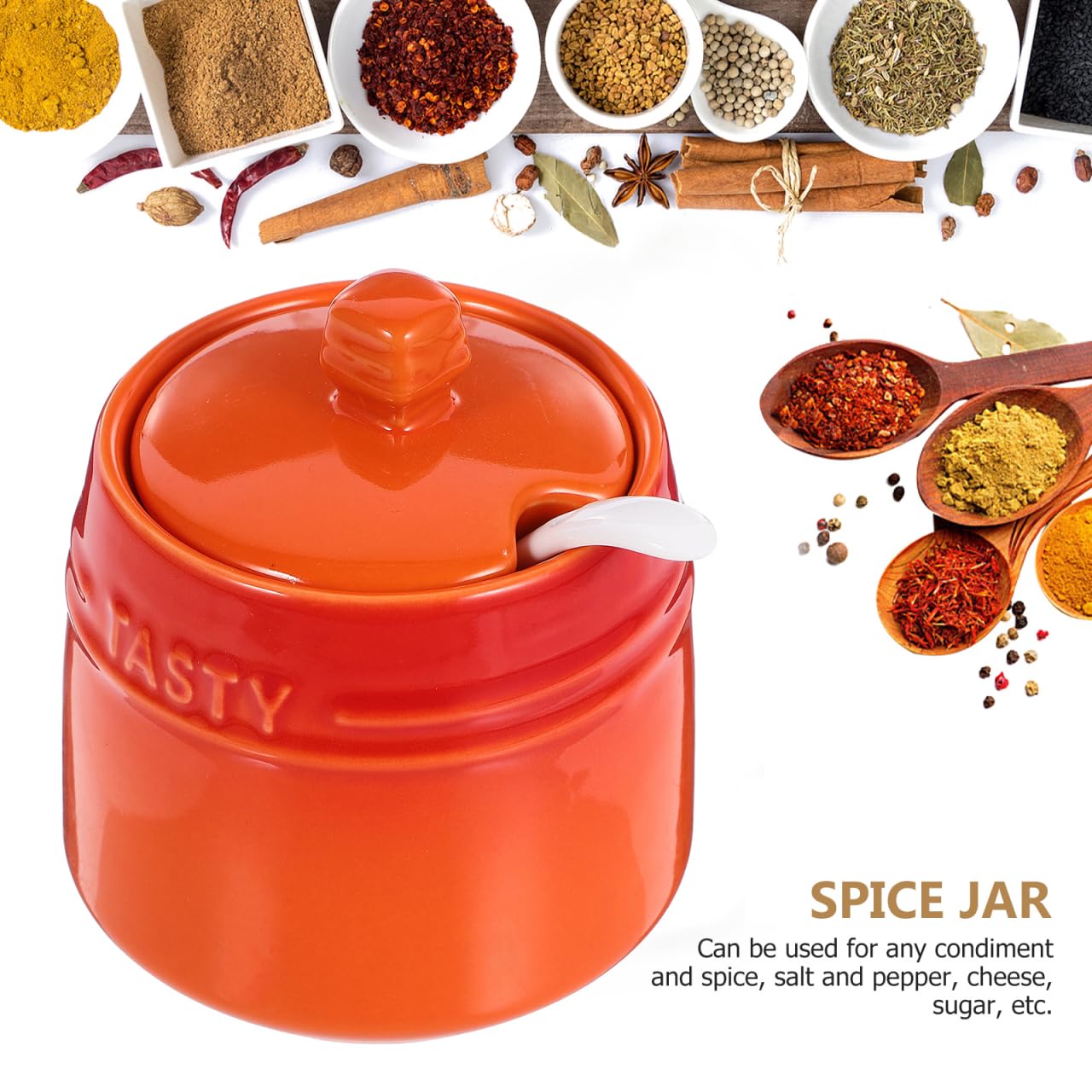 BESTonZON Seasoning Jar with Spoon 3.81X3.34X2.24In Porcelain Condiment Canister Salt Sugar Storage Container for Kitchen and Home Organization