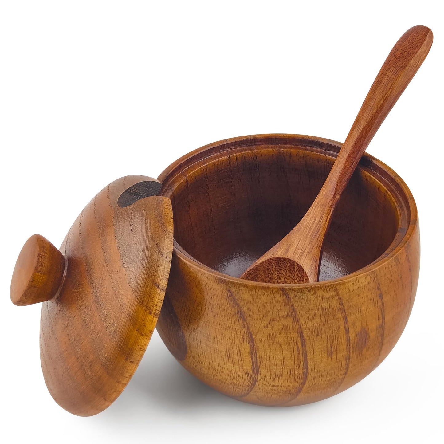 Yokudo Wooden Salt Cellar with Lid and Spoon 5.7 oz Kitchen Wooden Salt Box for Sea Salt,Spices and Herbs（1pcs）