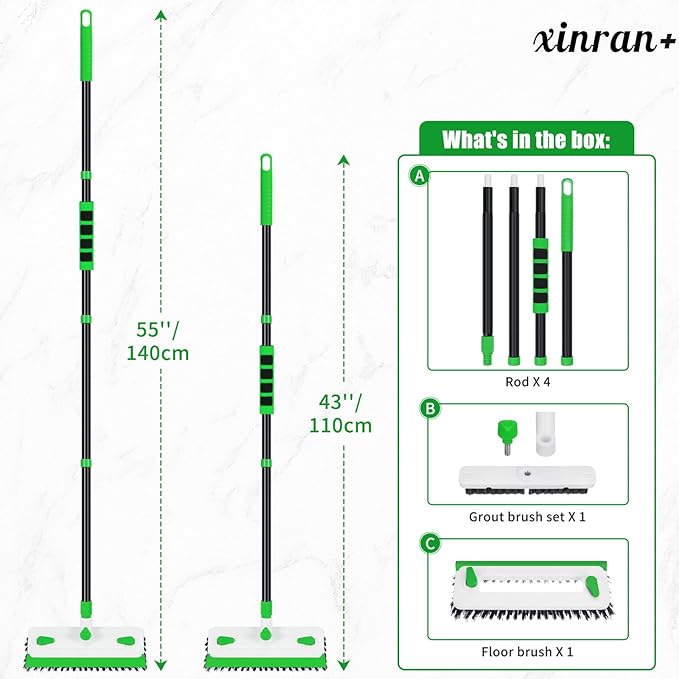 Floor Scrub Brush with Long Handle, 3-in-1 Scrape Scrubber Brush with Squeegee